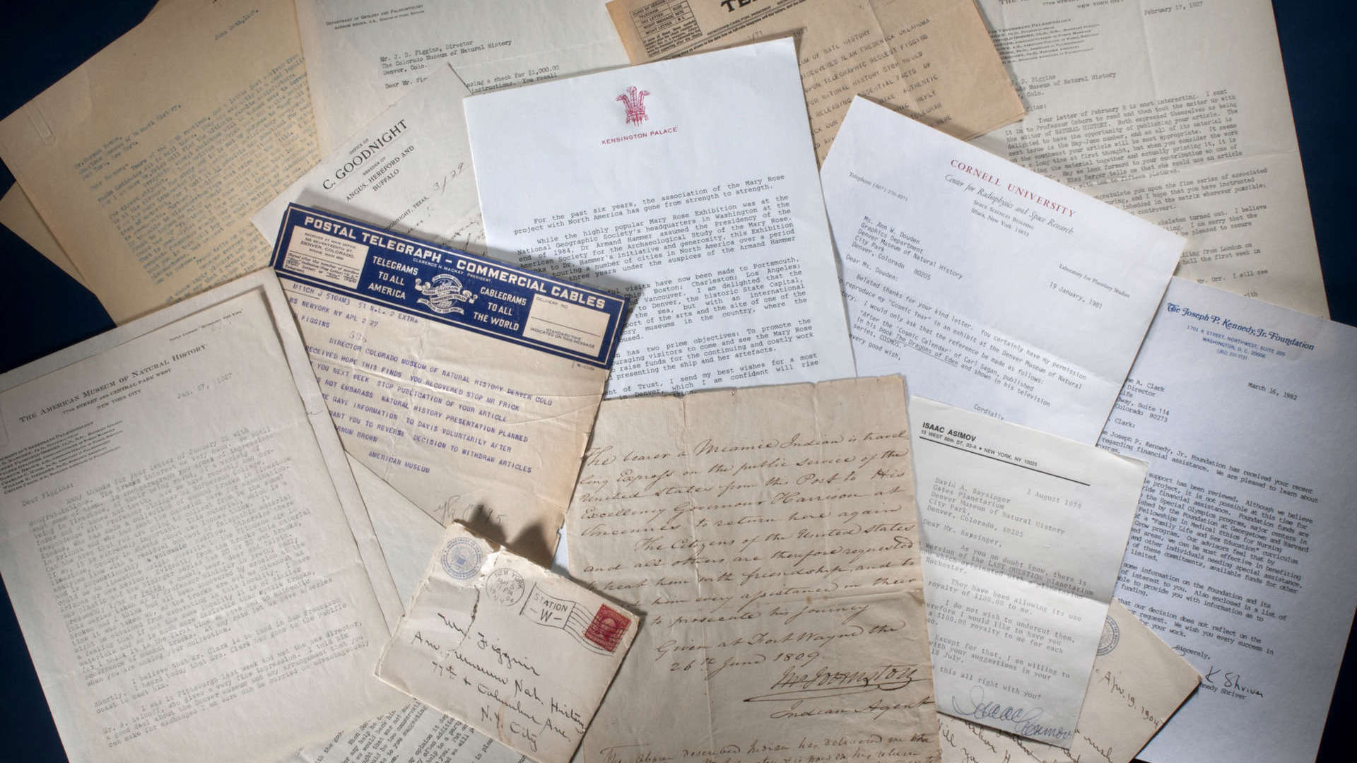 laid out array of telegrams, letters and other correspondence from the Museum's archives