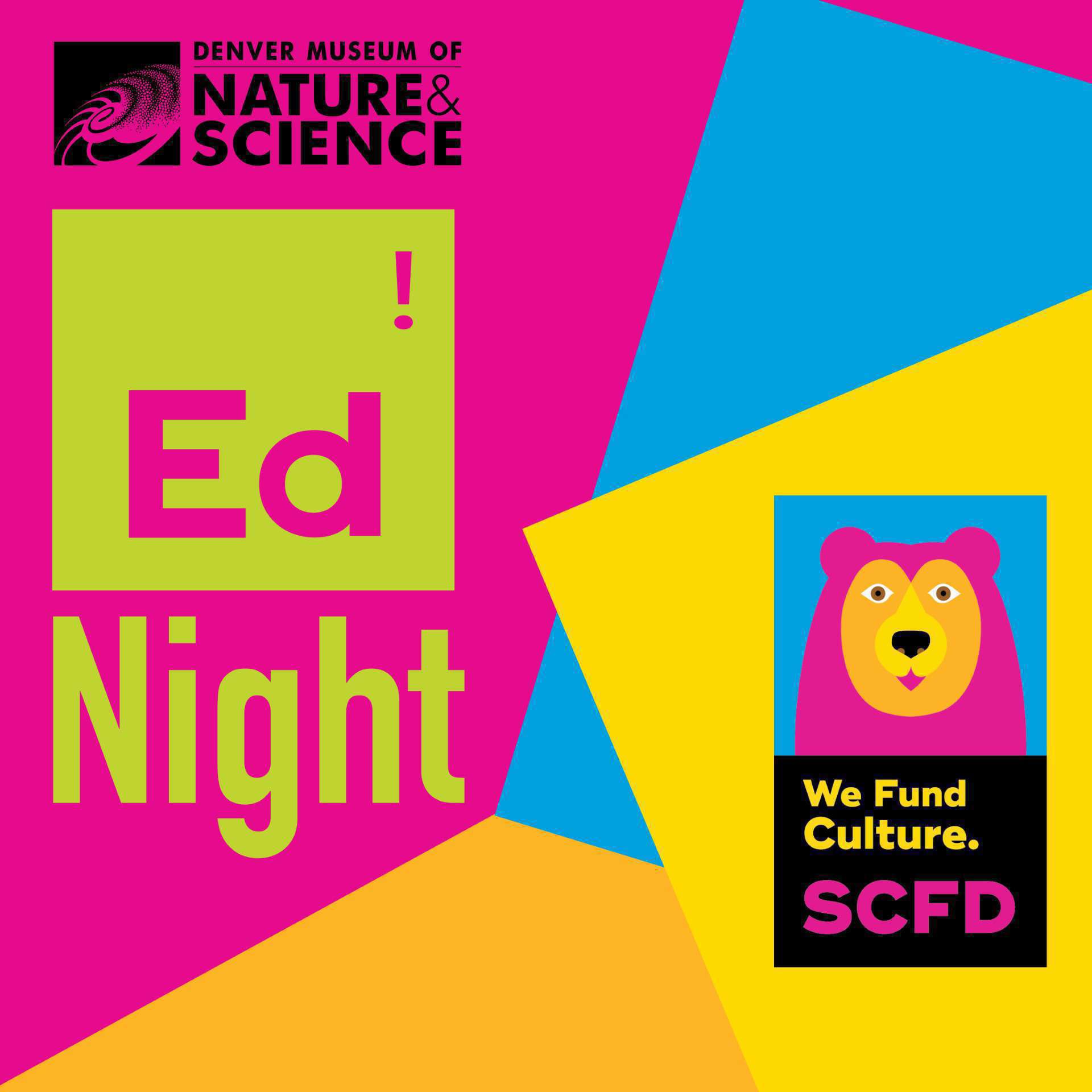 EdNight graphic in colors with SCFD bear
