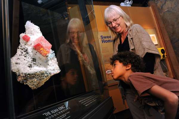 Two people admiring the Alma King, the finest mineral specimen of Rhodochrosite in the world.