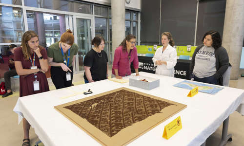 Museum Visitors and DMNS staff discuss textiles during the Archeological Textiles Conservation in Action