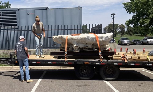Fossil Preparators Salvador Bastien and Natalie Toth in the parking lot of the Museum discussing logistics for moving the fossil off the trailer.