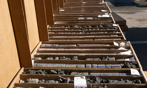 Rock samples from beneath the parking lot at the Denver Museum of Nature & Science that were collected via a core drilling rig.